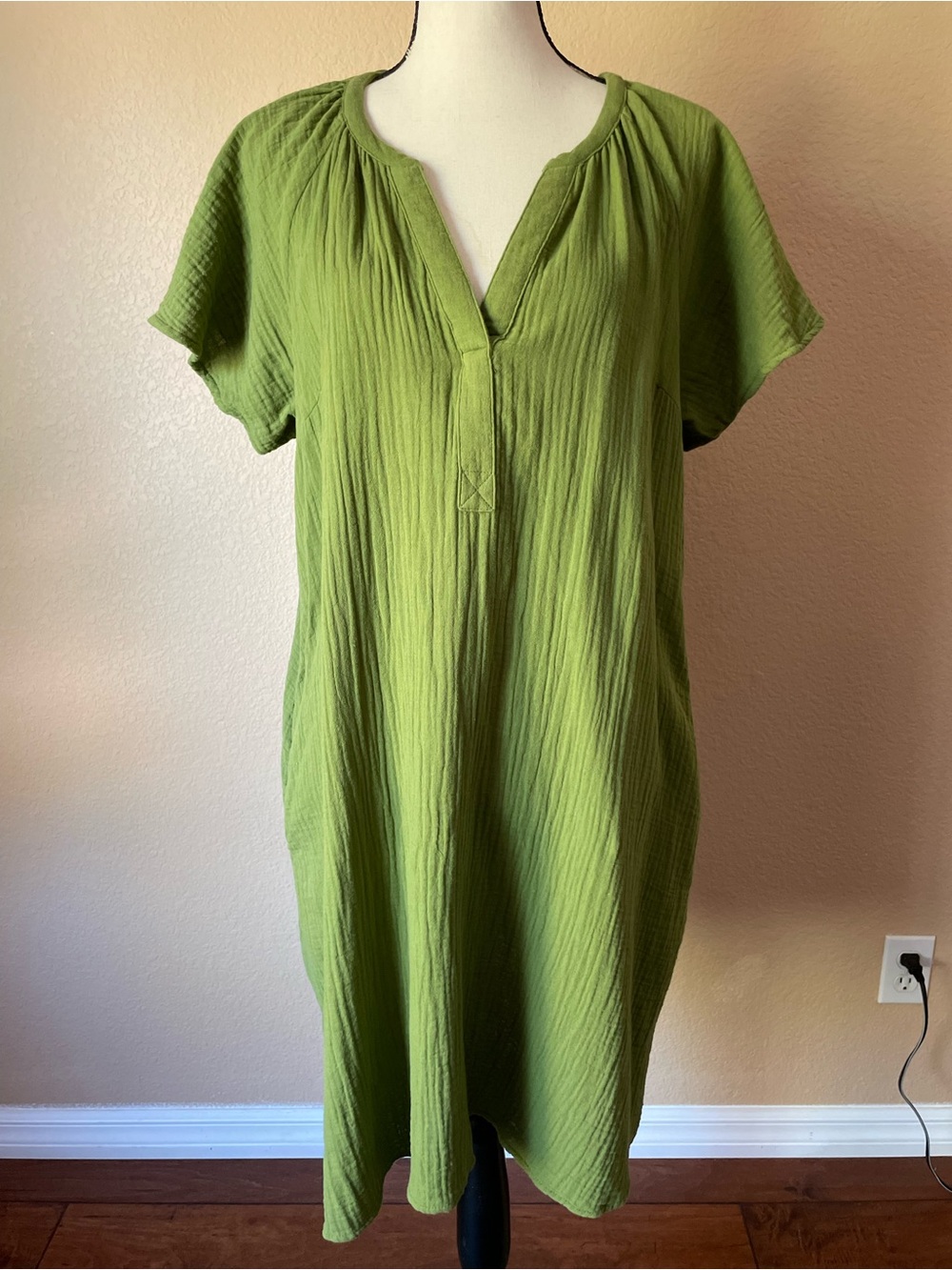 100% cotton Gauze Resort green Cover-Up / Dress pockets L